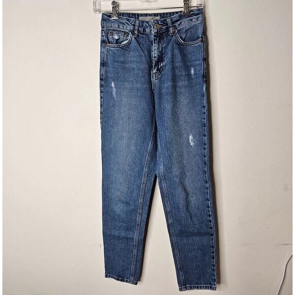 Topshop Medium Blue Wash Moto Mom Jeans 5-Pocket Distressed Straight Leg 25 - Picture 2 of 6